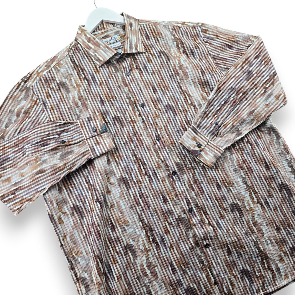 Brandolini Mens XXL Brown Striped Ribbed Cotton Blend Button Up Shirt Italy